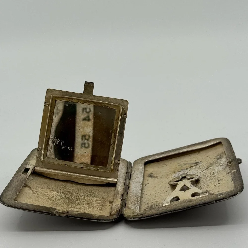 Vtg 30s Art Deco Dance Compact Wallet Money Clip Coin Holder Mirror Silver Tone
